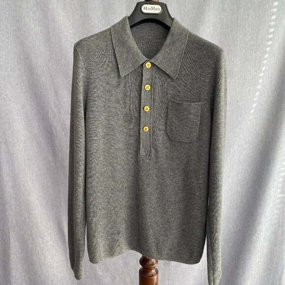 100% Virgin Wool Knit Heather Gray Polo Sweater | Quiet Luxury - Picture 1 of 14